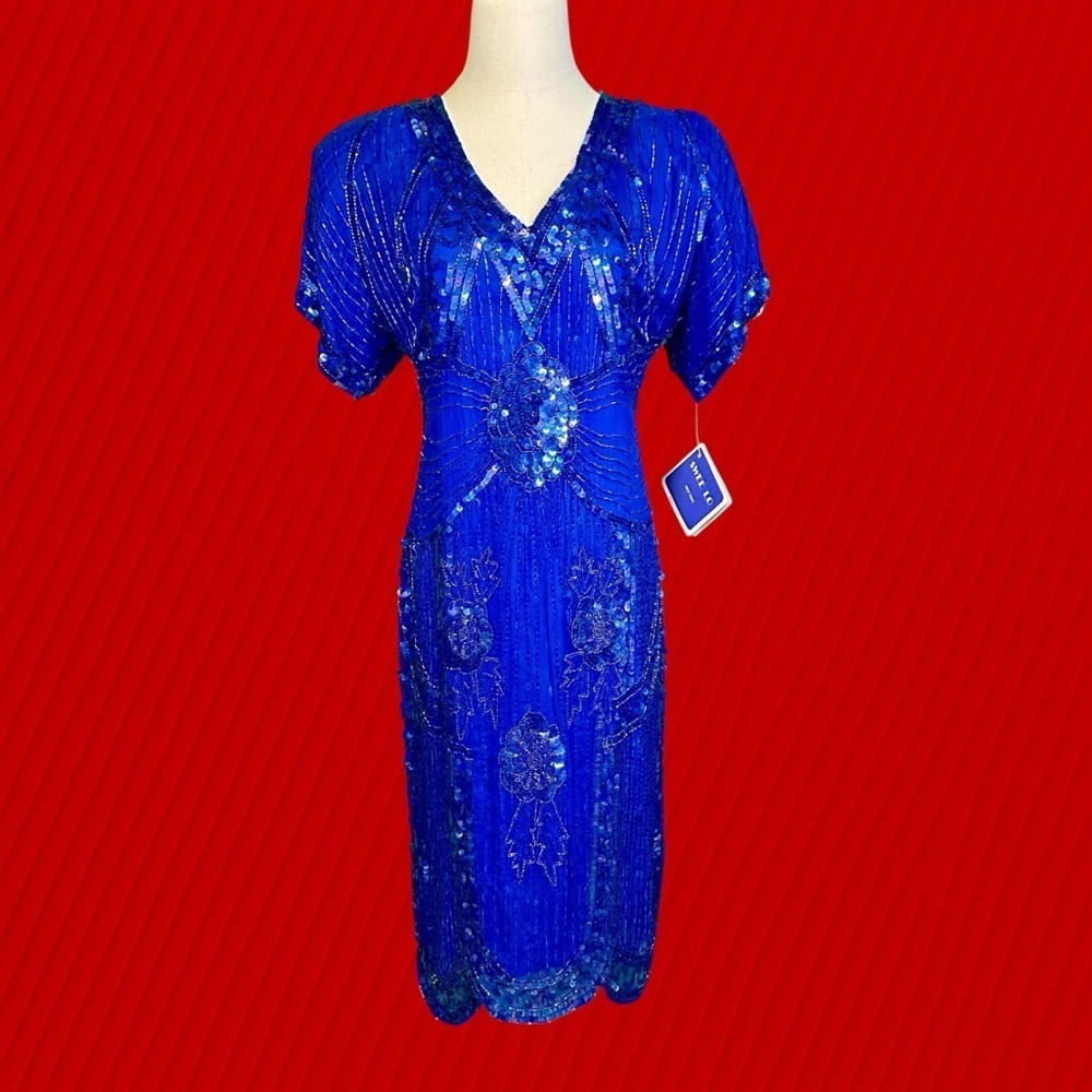 NWT Swee Lo Vintage Royal Blue 100% Silk Fully Beaded Ornate Midi Dress Size M